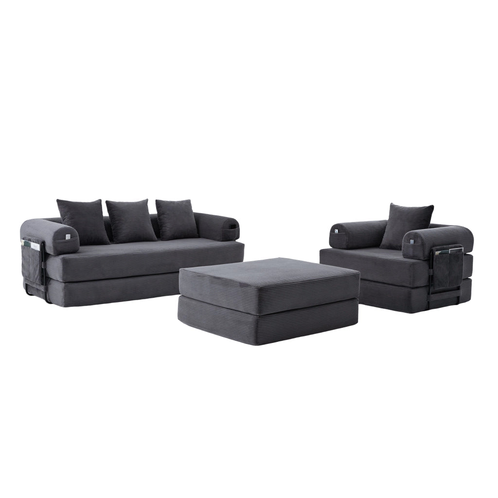 Set divano modulare 3 posti con poltrona e pouf in velluto a coste grigio scuro