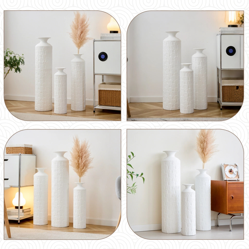 Set di vasi da pavimento con 3 vasi decorativi in metallo bianco per fiori secchi, superficie opaca e testurizzata