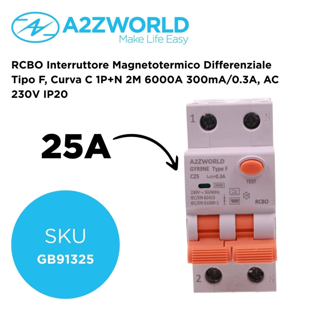 RCBO Interruttore Magnetotermico Differenziale Tipo F, Curva C 1P+N 2M 6000A 300mA/0.3A, AC 230V IP20 Corrente Disponibili 16A 20A 25A 32A (C25A)