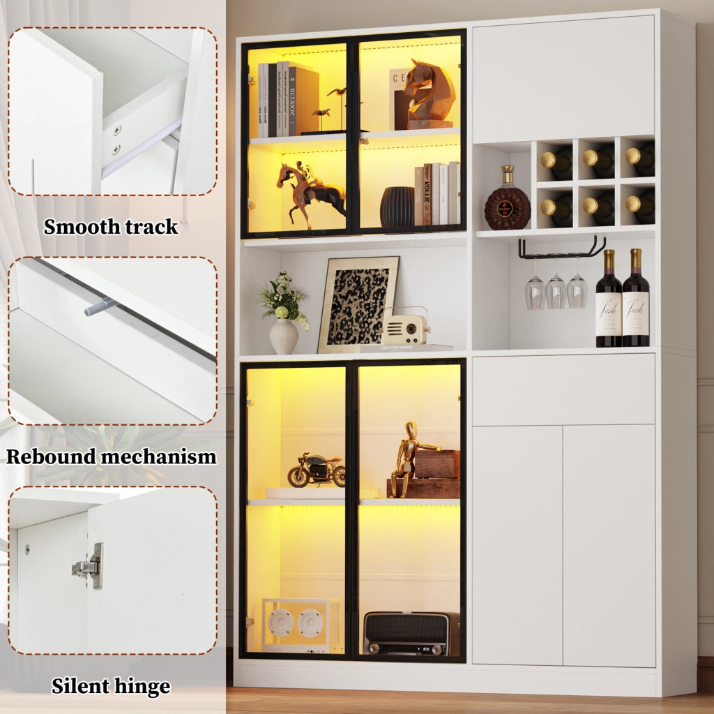 Vetrina bianca in truciolato 140x30x200 cm con 7 porte, 1 cassetto, LED Bluetooth, portabicchieri e 6 portabottiglie