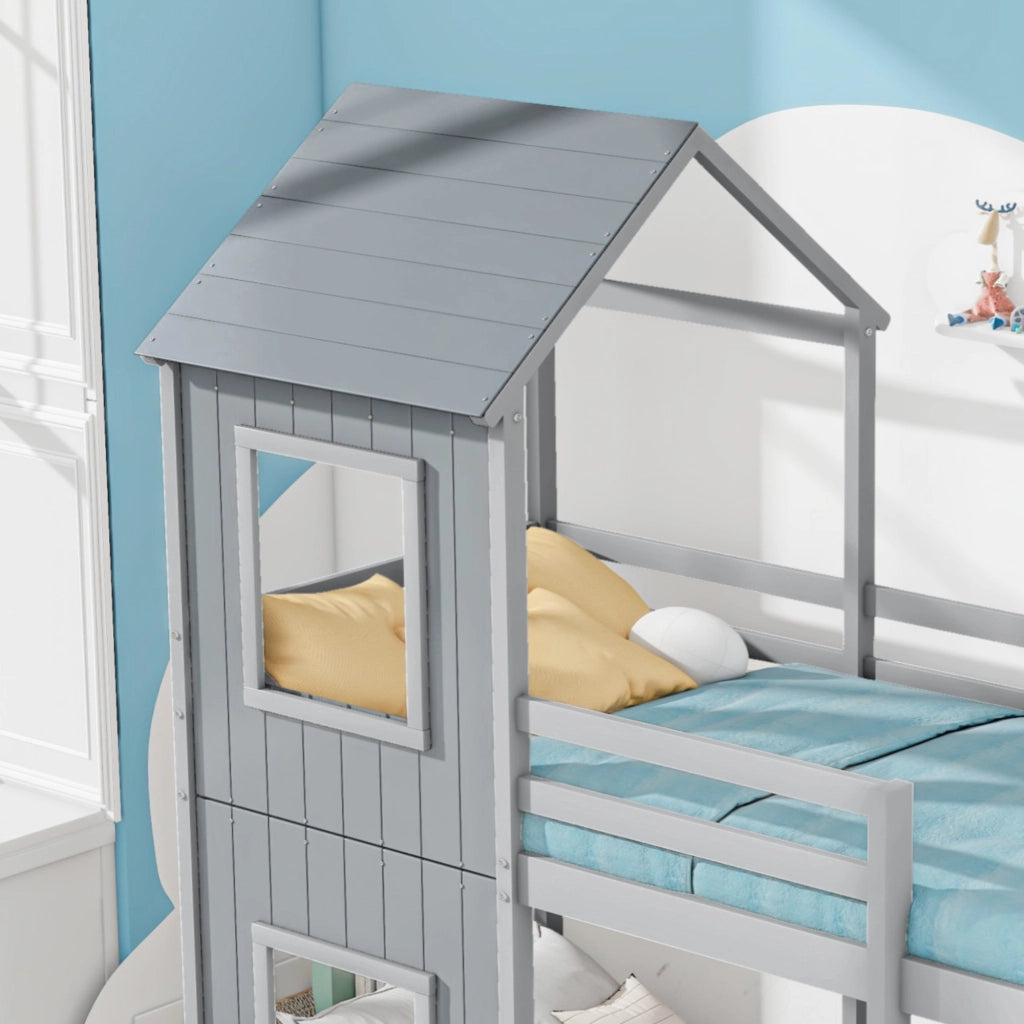 Letto a castello per bambini 90 × 200 cm in legno di pino grigio con scala e sponde di sicurezza