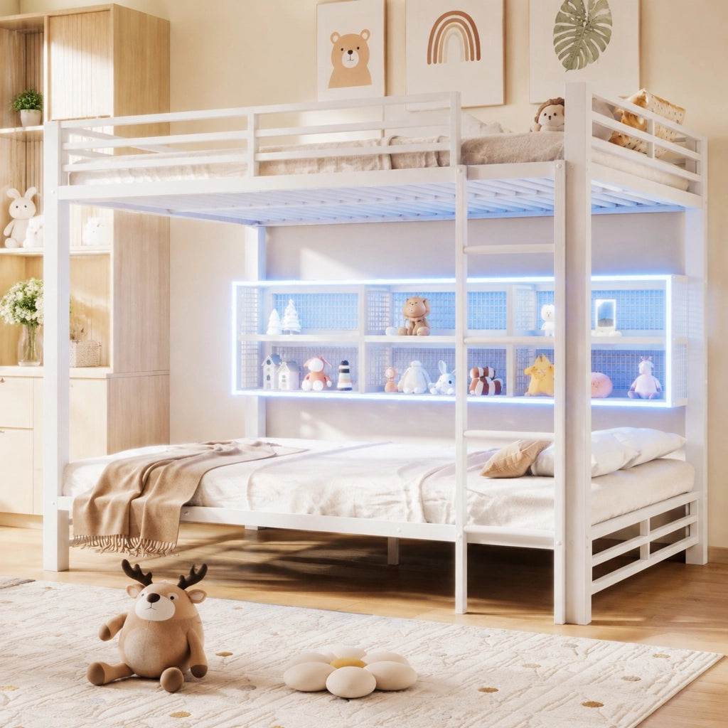 Letto a castello 140x200 cm in metallo con 6 armadietti e luce LED