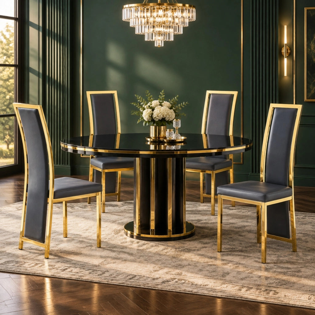 Set di 4 sedie da pranzo 44x42,7x109 cm metallo dorato e similpelle nera