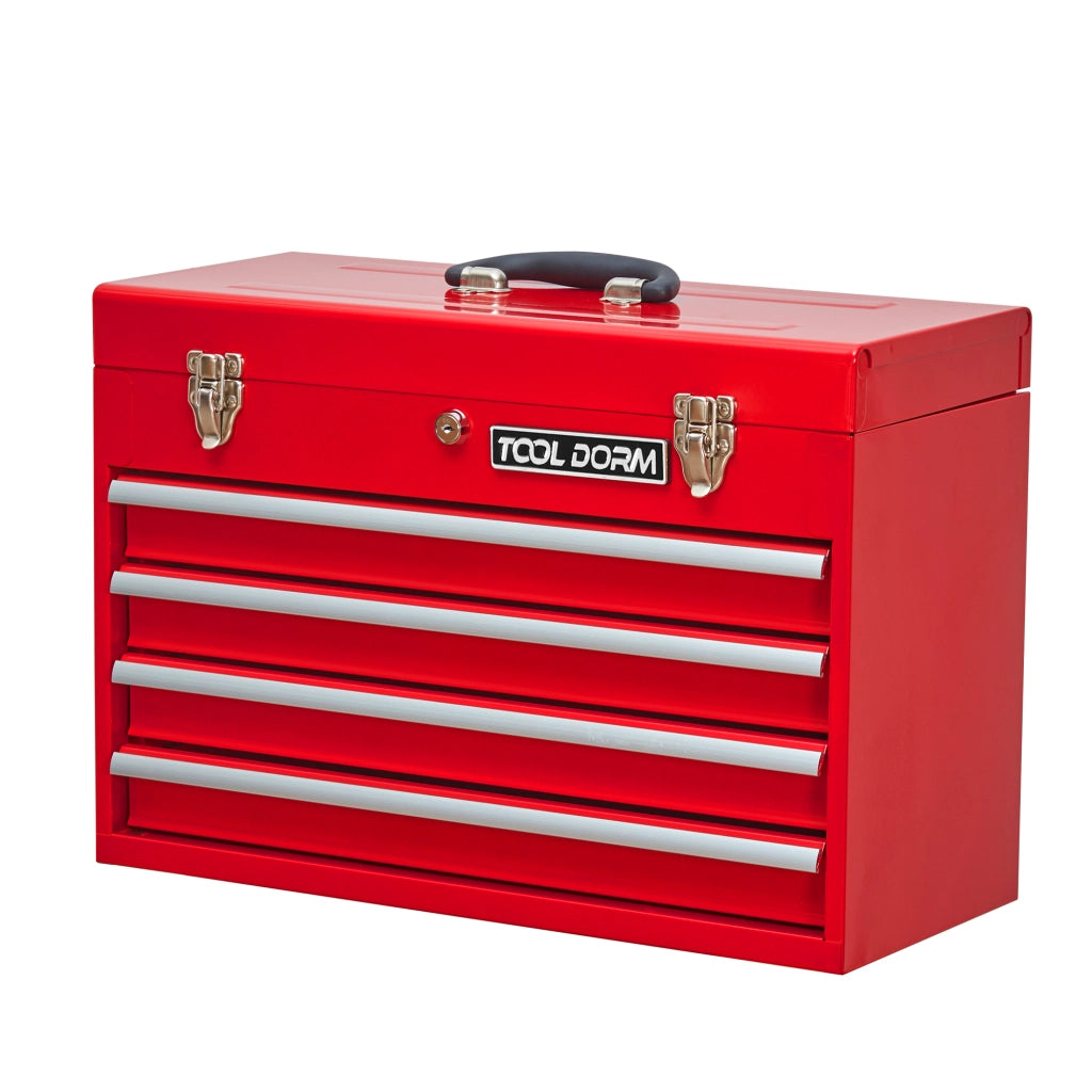 Box portautensili con 4 cassetti e coperchio, chiusura a chiave, per garage, rosso