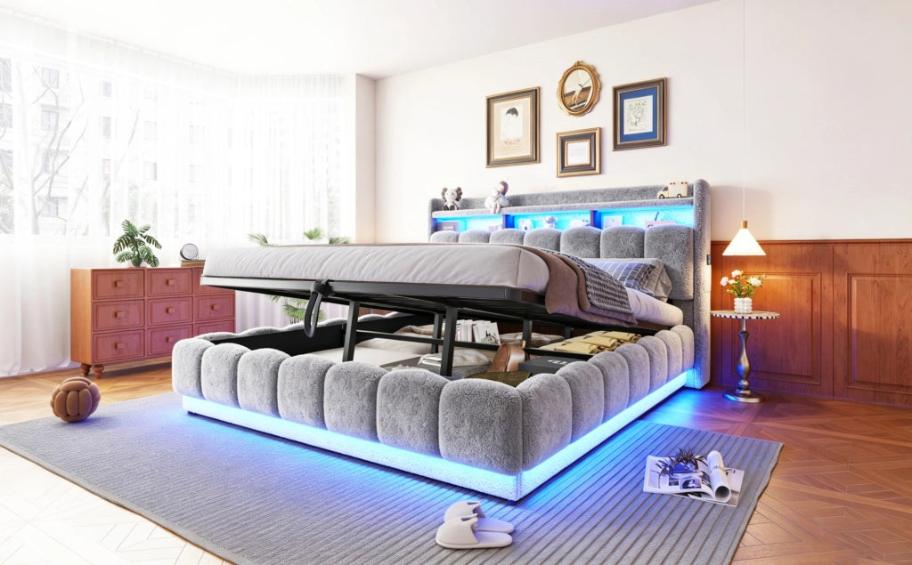 Letto contenitore imbottito ULEVR 180x200 cm con sollevamento idraulico, LED, USB e presa, tessuto boucl¨¦ grigio