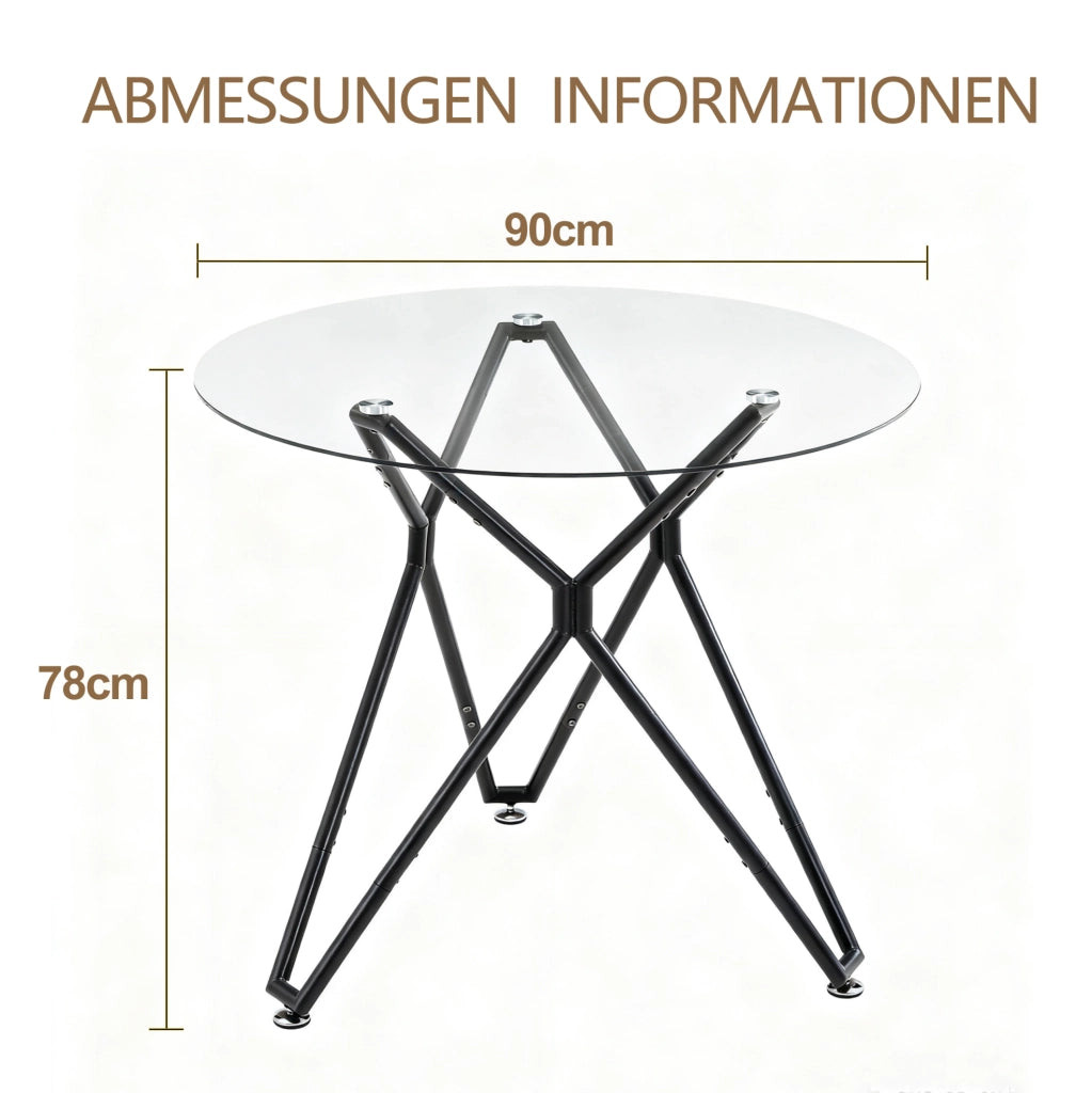 Tavolo da pranzo rotondo 90 cm in vetro temperato con gambe in metallo nero, adatto per 1-4 persone