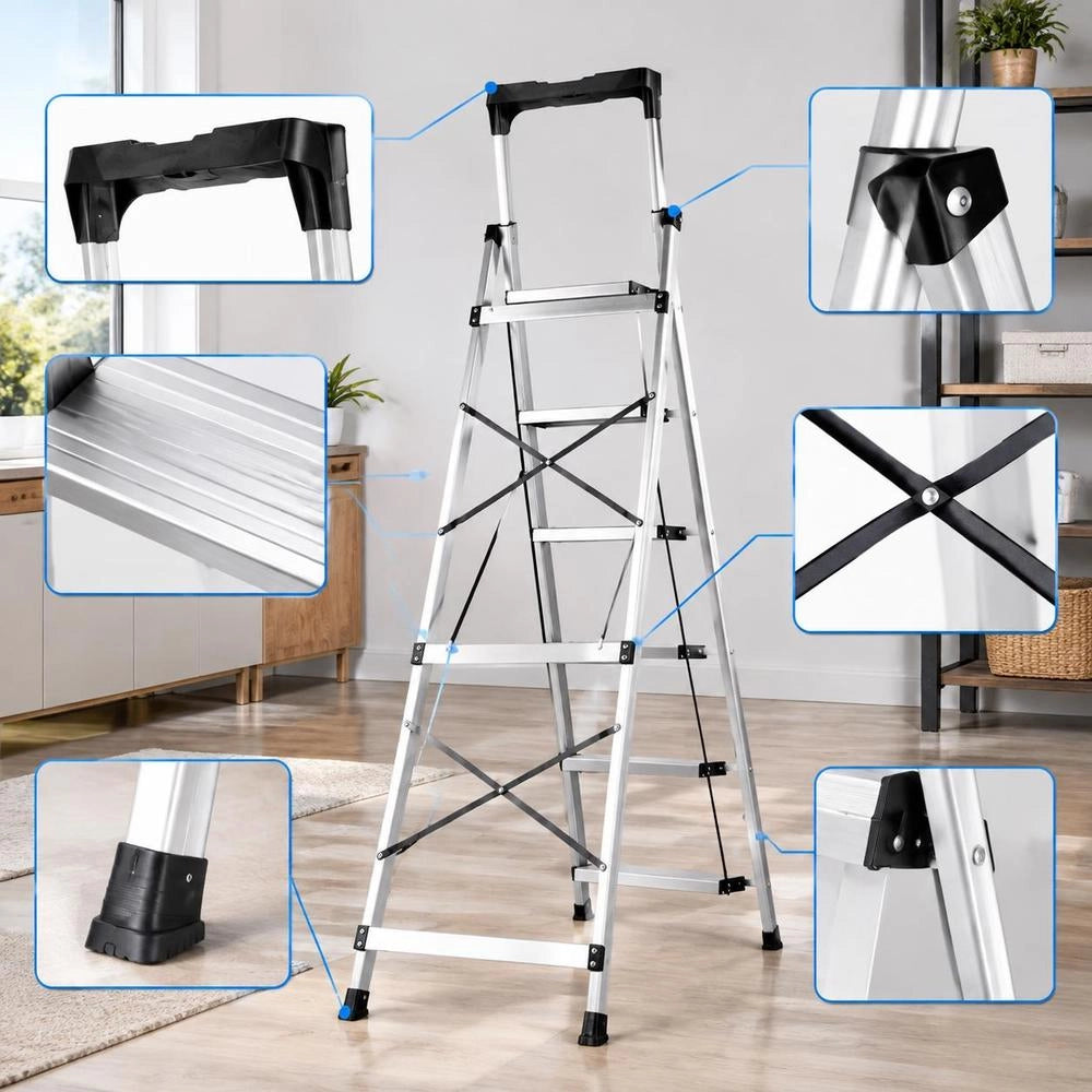 6 Step Ladder, Folding Step Stool With Wide Anti-Slip Pedal And Comfort Handgrip, 330 Lbs Capacity Portable Aluminum Stepladder, Multi-Use For Kitchen, Warehouse, Household And Office, Silver