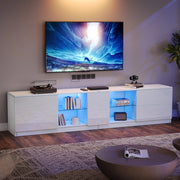 Mobile TV 160 x 40 x 52 cm, 2 cassetti + 1 ribalta, vetro temperato, LED USB, bianco, per TV 65"