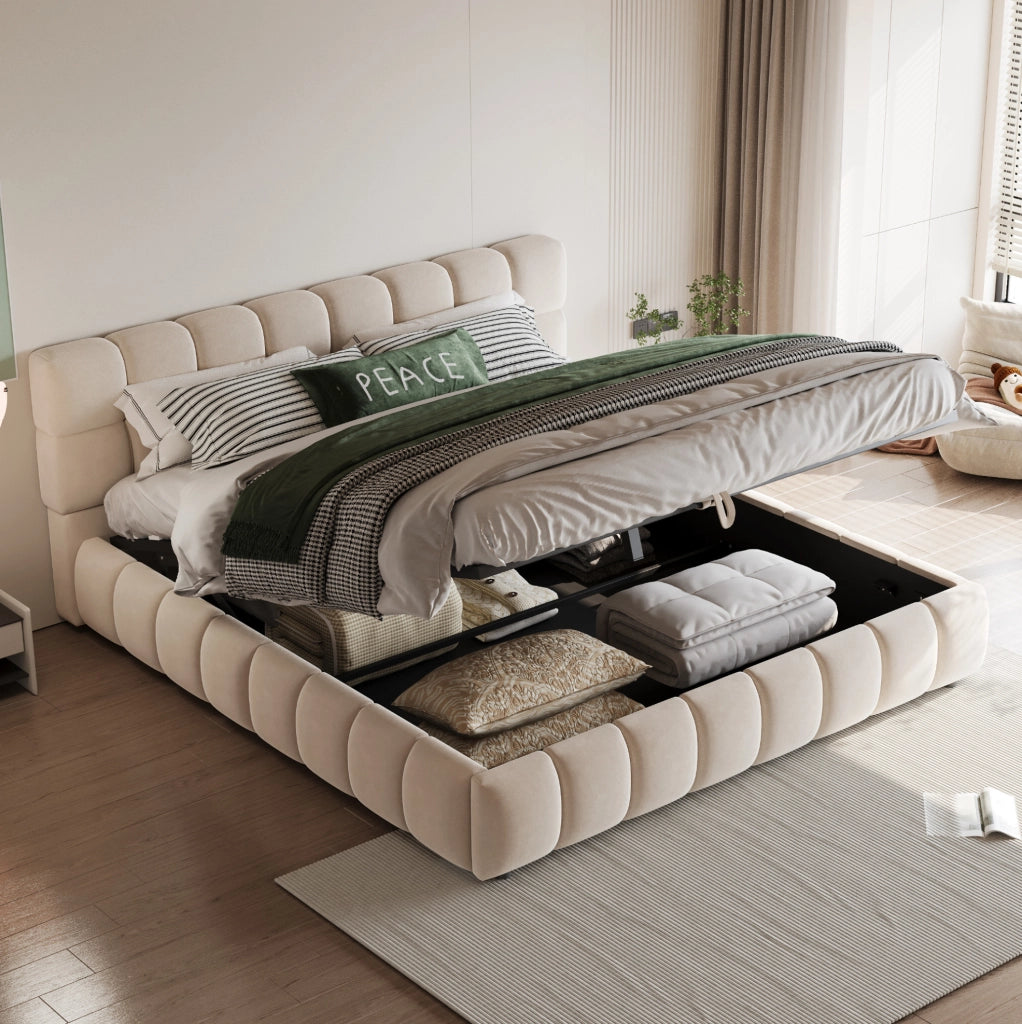 Letto matrimoniale imbottito 140x190 cm in velluto beige con contenitore idraulico