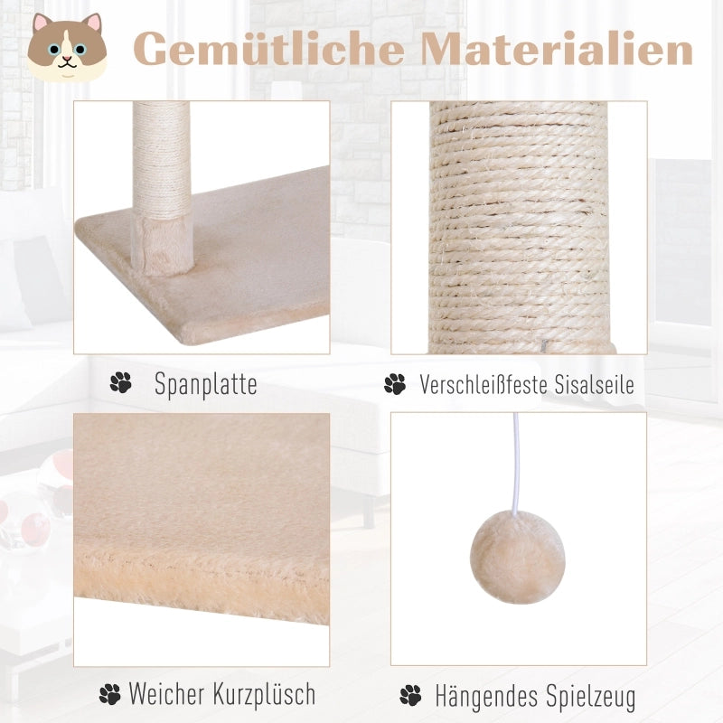 Tiragraffi per gatti con 3 colonne in sisal; piattaforma; amaca e gioco sospeso beige 50 × 36 × 70 cm