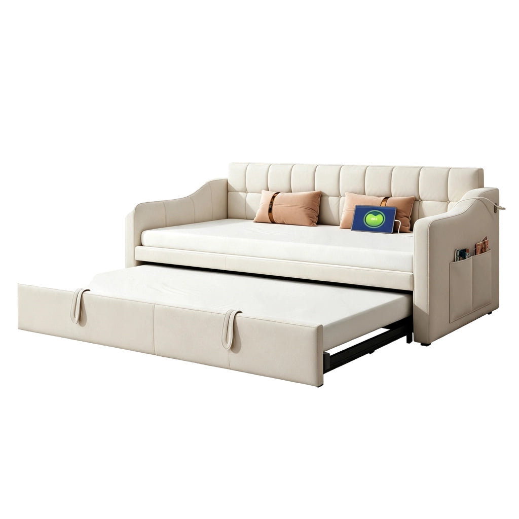 Divano letto singolo 90x190 cm beige in velluto con letto estraibile da 90 a 180 cm
