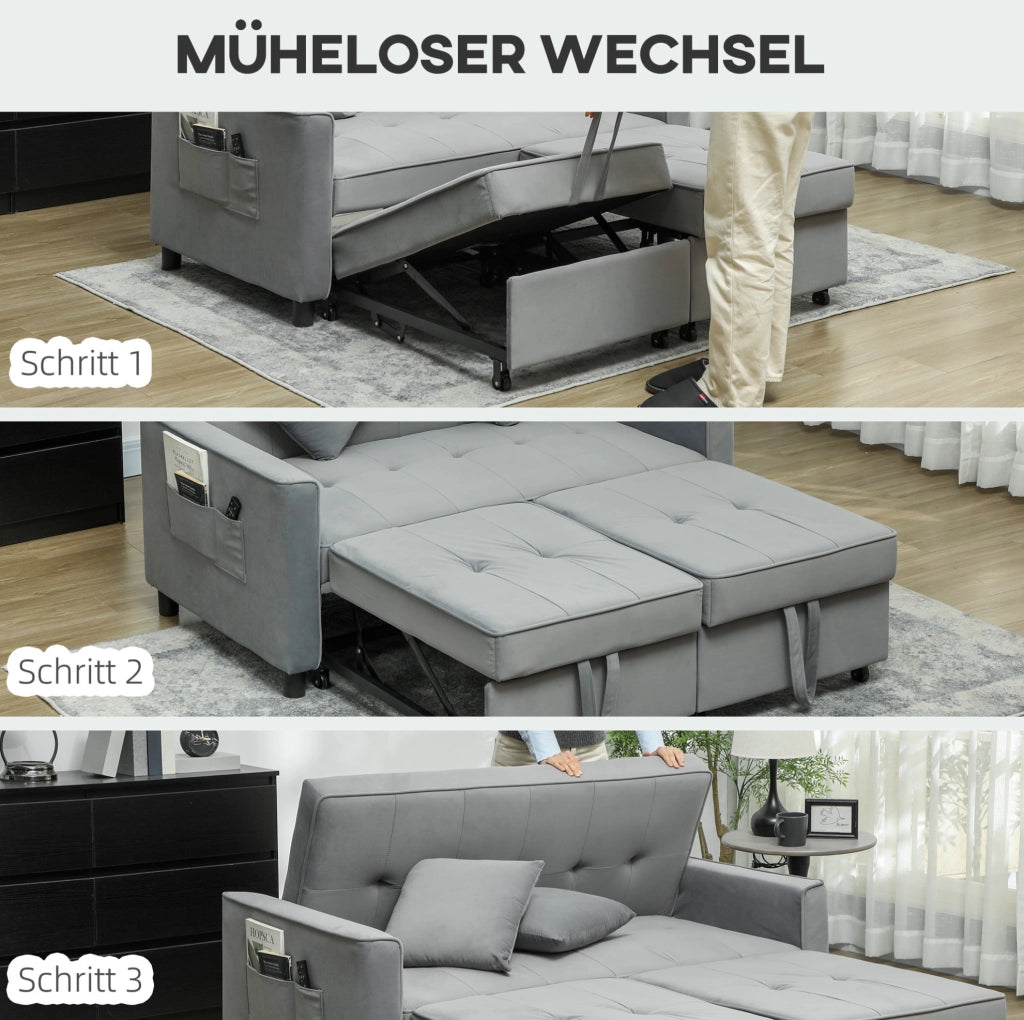 Divano Letto 2 Posti con Funzione Relax, Rivestimento in Velluto Grigio, Schienale Regolabile e Contenitore, Lavorazione con Ruote per Soggiorno o Camera Ospiti