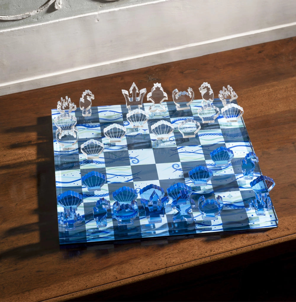 GIOCO DA TAVOLA SCACCHI E DAMA OCEAN IN CRISTALLO ACRILICO TRASPARENTE E BLU
