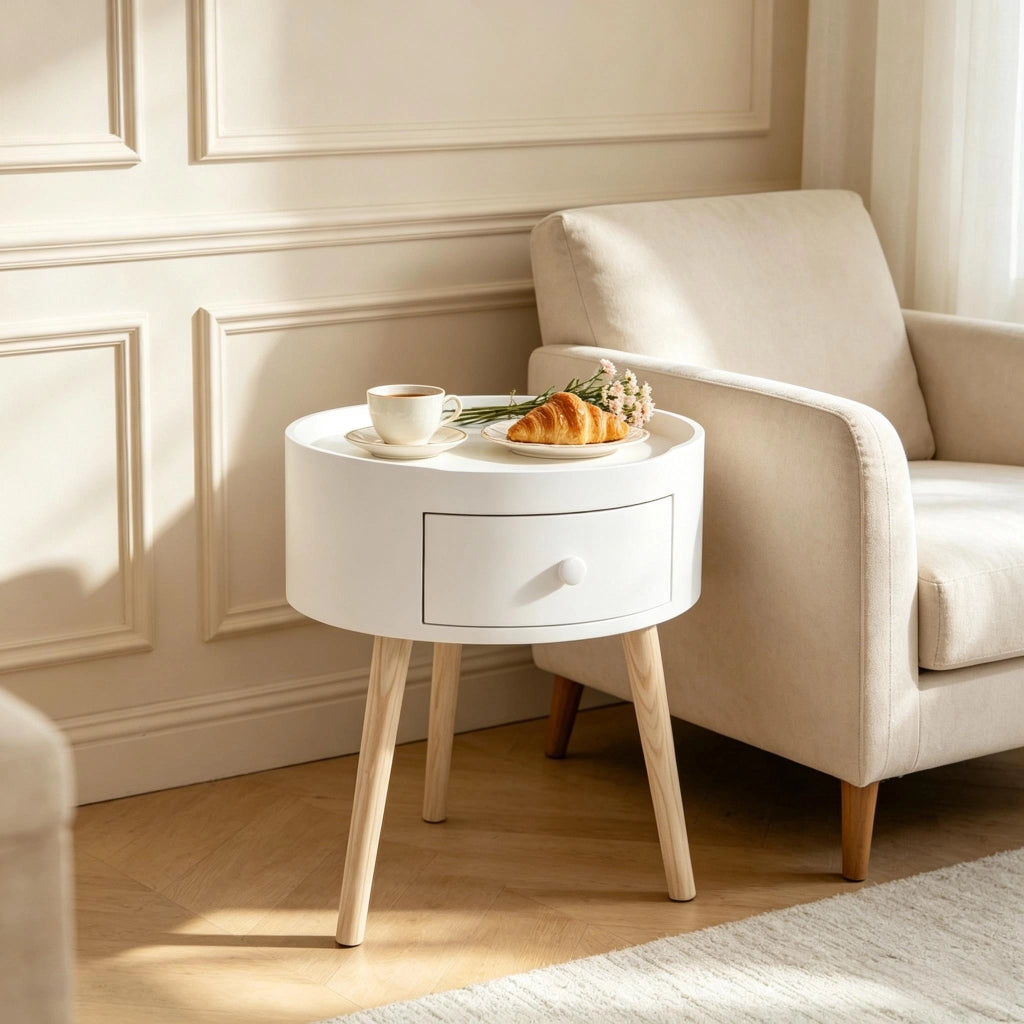 Comodino con cassetto e vassoio superiore in MDF e legno bianco e legno chiaro 38 × 38 × 45 cm