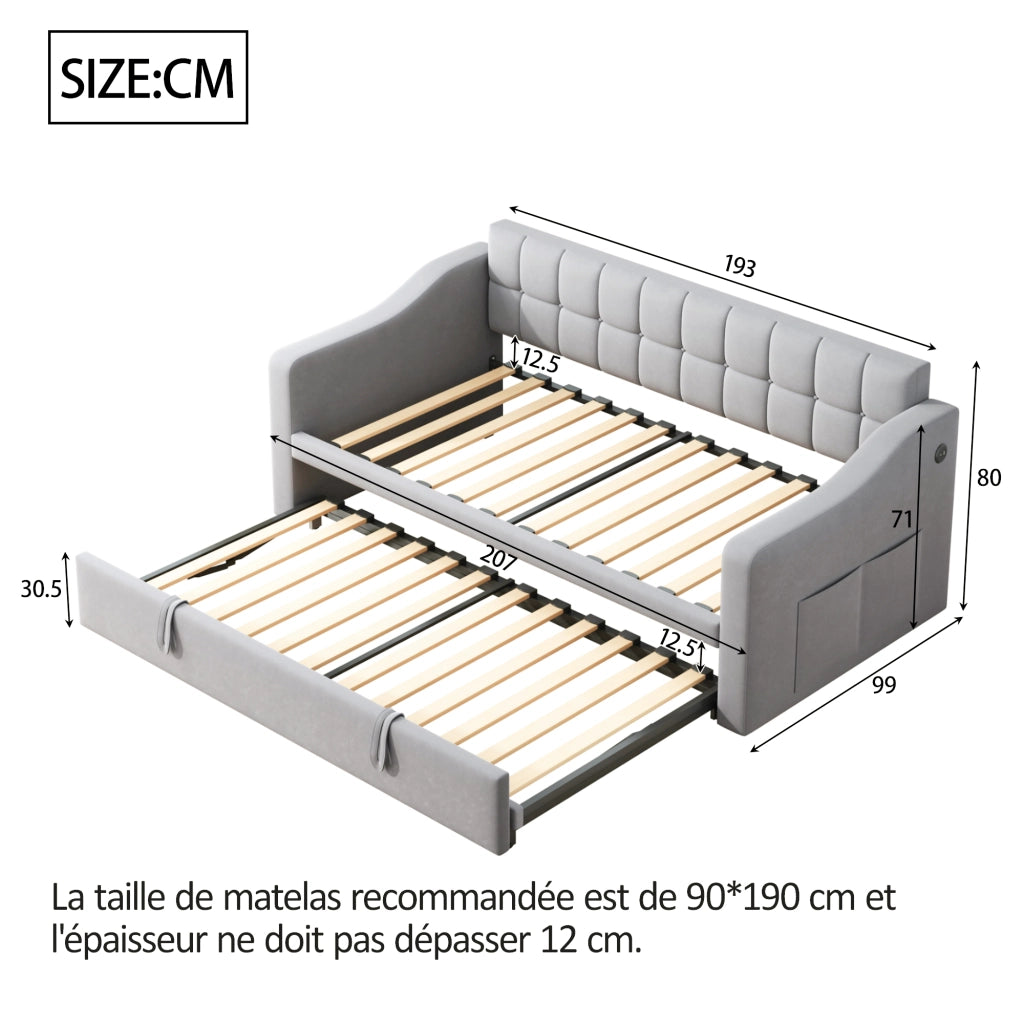 Divano letto 2 in 1 da 90 a 180 x 190 cm con presa, divano letto imbottito in velluto con tasca portaoggetti e reti, grigio chiaro, stabile