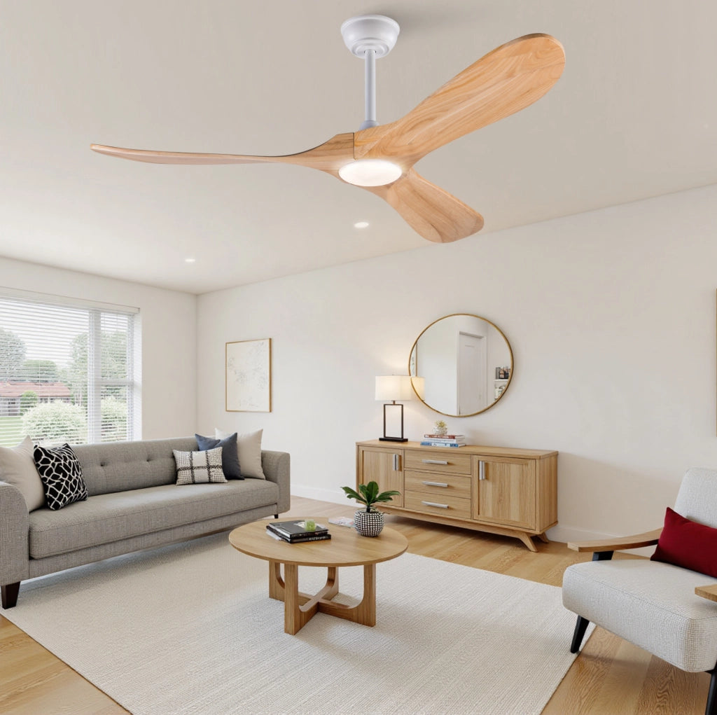 Ventilatore da soffitto 52 pollici con LED dimmerabile, telecomando e pale in legno massello