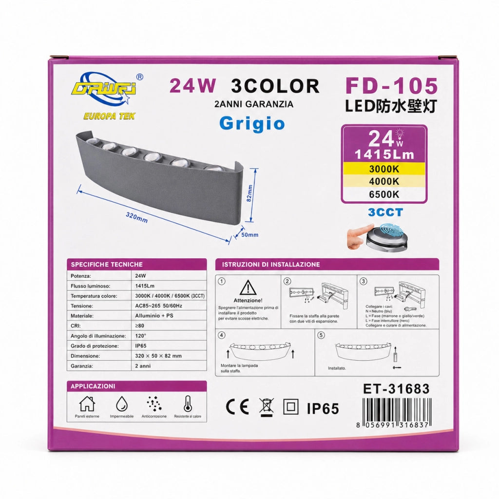 APPLIQUE LED 24W GRIGIA IP65 LAMPADA PARETE ESTERNO 3000K 4000K 6000K ET-31683