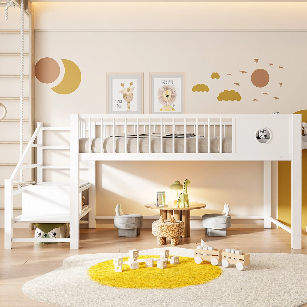 Letto a Soppalco Basso per Bambini Singolo 90x200 cm Struttura in Metallo Bianco con Scala Contenitore