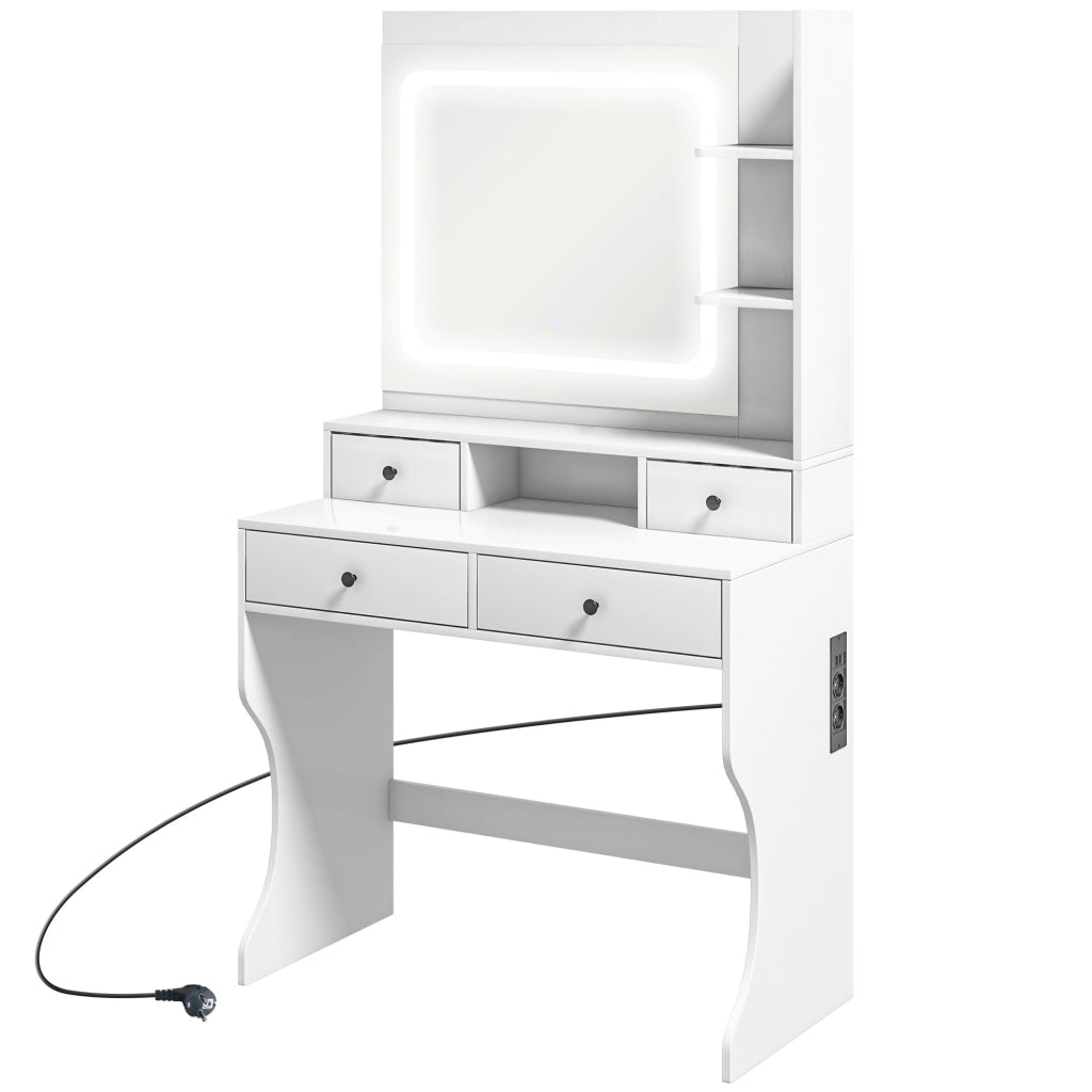 Toeletta da Trucco con Specchio Luci LED 3 Tonalità, Prese USB, 4 Cassetti e Mensole, Design Moderno, 90x45x160cm, Bianco