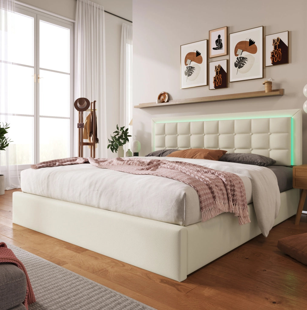 Letto matrimoniale imbottito 140x200 cm con rete a doghe, contenitore e striscia LED, rivestimento in similpelle bianca, con materasso incluso