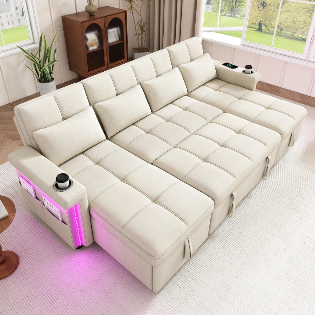 Divano angolare convertibile a U 268;5x141;5x90 cm; divano letto con 2 chaise longue di contenitore; LED; USB e Type-C; ciniglia; beige