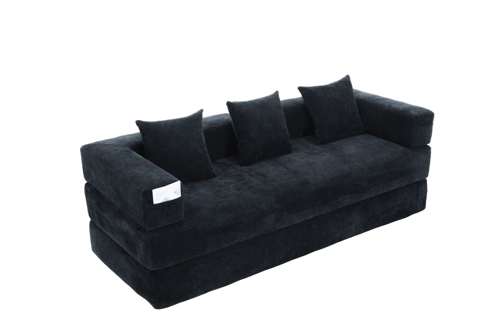 Divano modulare in chenille con tasche laterali e base antiscivolo - nero