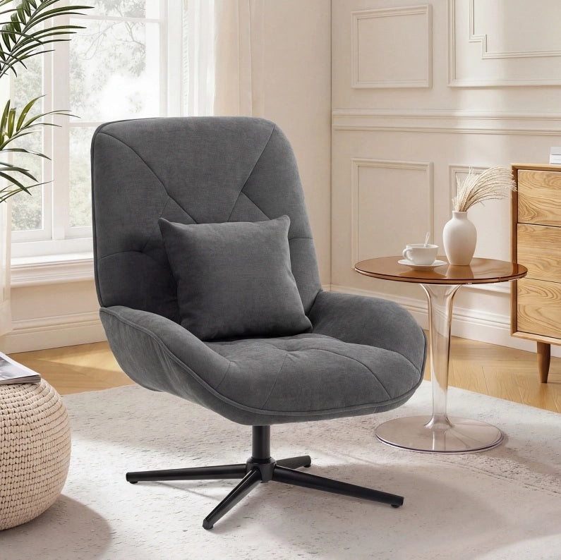 Poltrona girevole in chenille con cuscino lombare, schienale alto e base in metallo