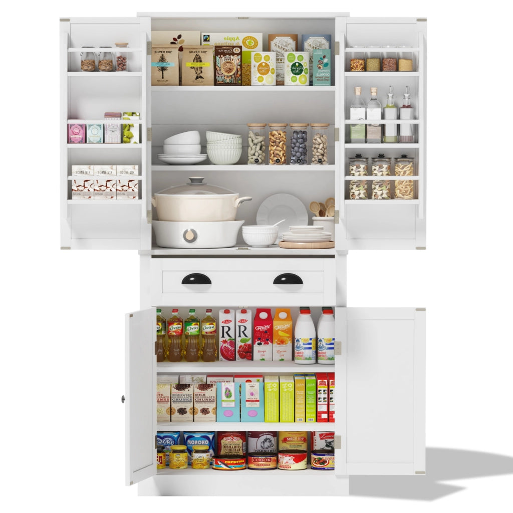 Credenza alta da cucina 80x40x182 cm con 4 ante; cassetto e ripiani regolabili in MDF bianco