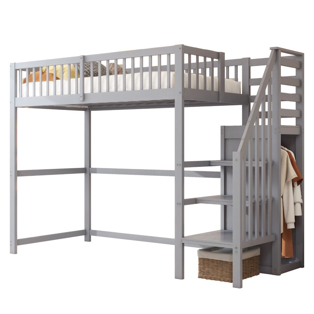Letto a soppalco 90x200 Letto per bambini in legno con armadio e scale Grigio