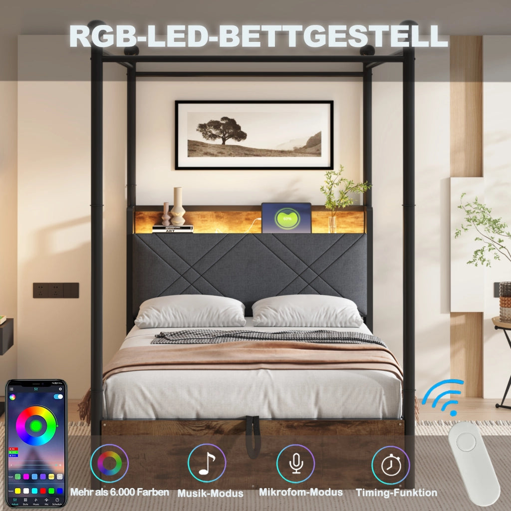 Letto con contenitore 90 × 190 cm con sollevamento idraulico; struttura in ferro; LED e porte USB Type-C nero