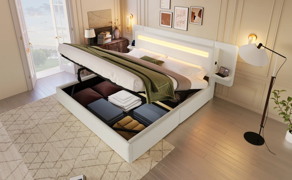 Letto imbottito 180 × 200 cm in lino beige con vano contenitore idraulico LED multicolore USB e comodino