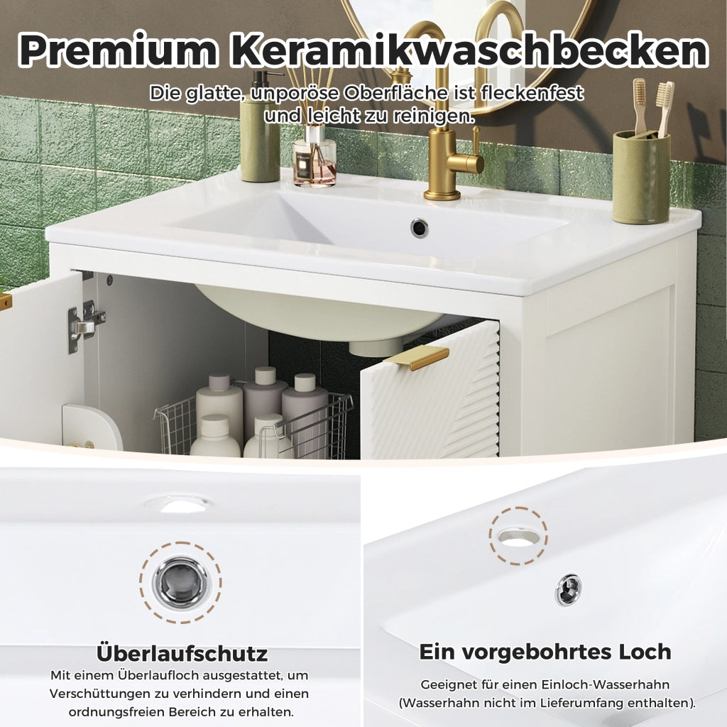 Mobile sottolavabo con lavabo in ceramica, 2 ante ammortizzate, cassetto e ripiani, per bagno, bianco, 61 × 47 × 87 cm