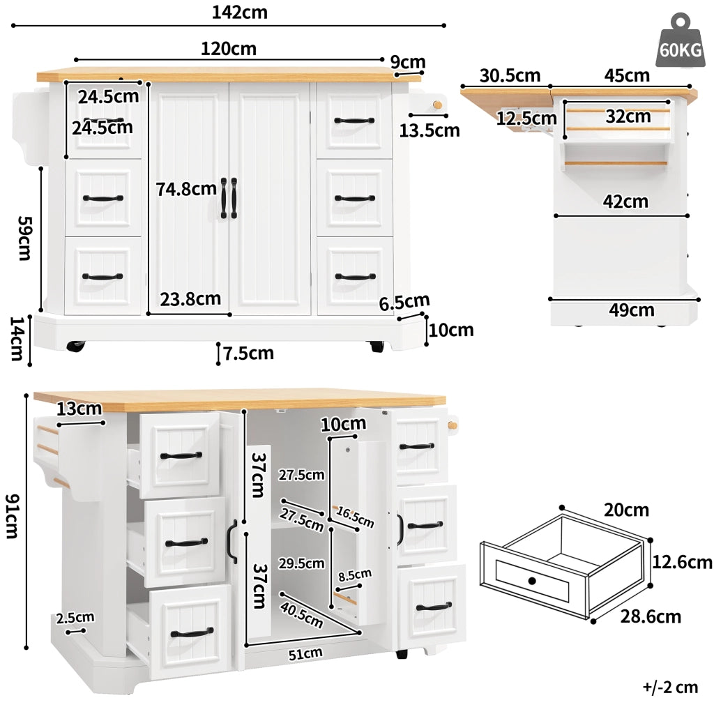Isola da cucina mobile con 2 ante e 6 cassetti su 5 ruote in MDF e metallo bianco 120 × 45 × 91 cm