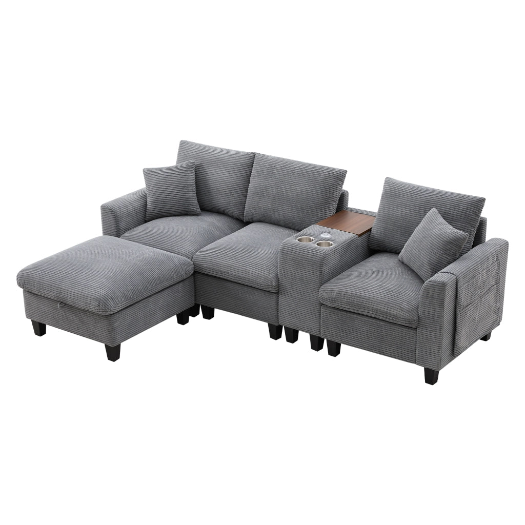Divano angolare modulare 4 posti in velluto a coste grigio con pouf contenitore console USB e 2 portabevande
