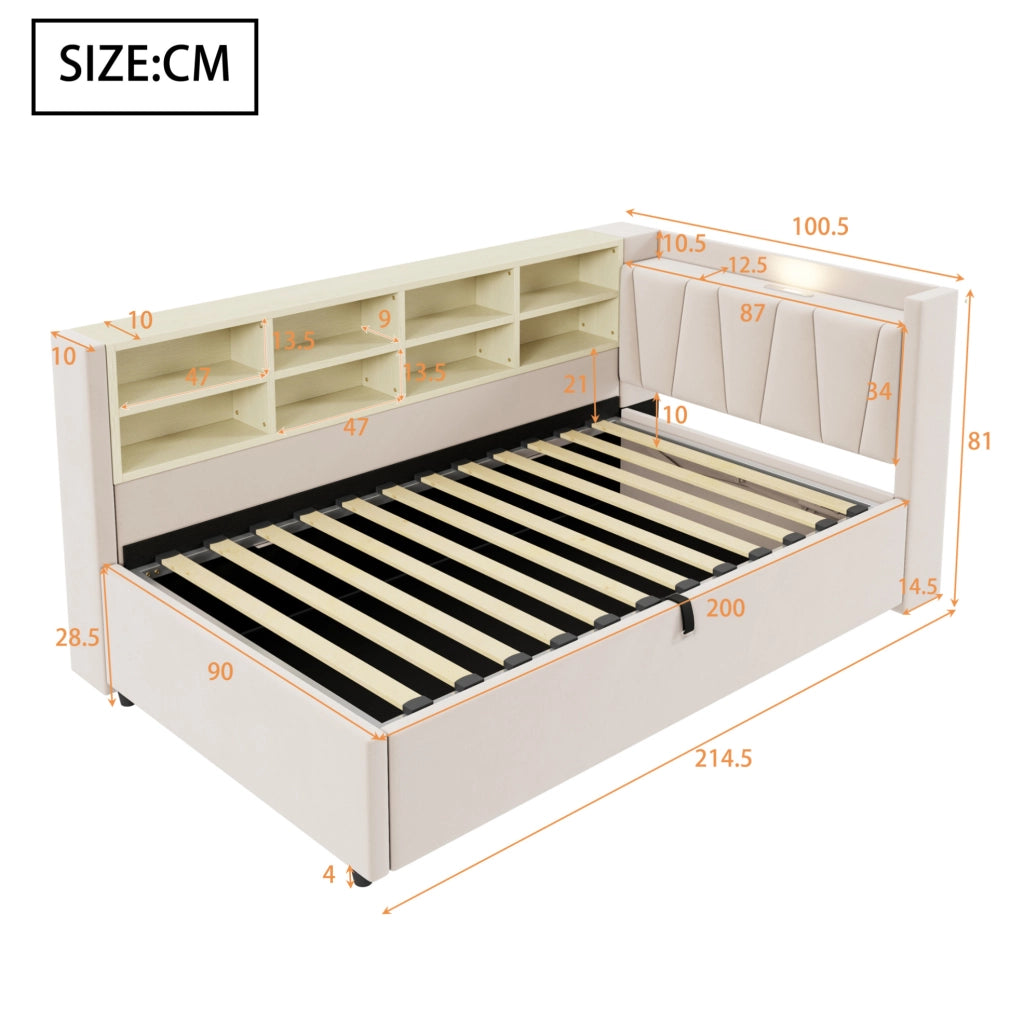 LETTO Contenitore 90x200 cm in Velluto Beige con testiera multifunzione
