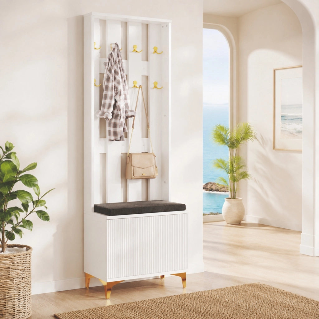 Guardaroba bianco con ripiani regolabili; ganci e cuscini grigi; 60.5 ¡Á 180.5 ¡Á 35.2 cm