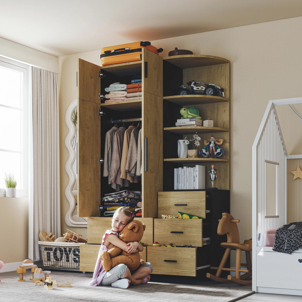 Armadio con appendiabiti, 5 cassetti, ripiani aperti e 2 ante per camera da letto, in MDF naturale e nero, 110 × 40 × 186 cm