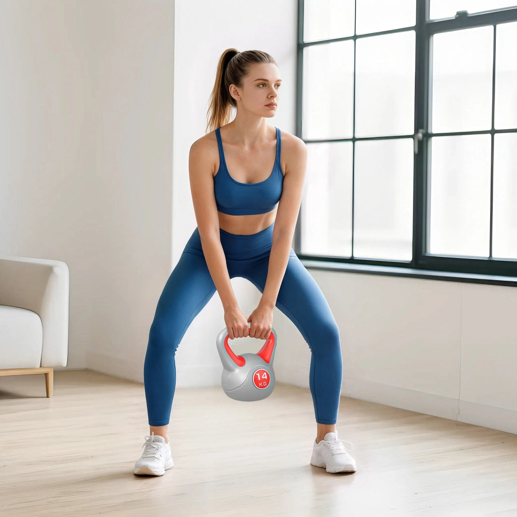 EasyComfort Kettlebell 14kg in PU e Sabbia con Base Piatta e Impugnatura per Stacchi, Squat e Sollevamenti, 26x18x32 cm, Rosso