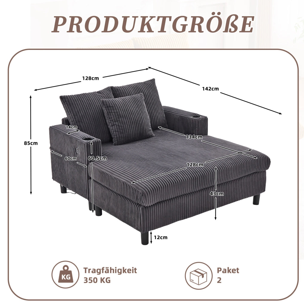 Poltrona Relax Oversize in Velluto con Luci LED, Porta USB e Portabevande, 142x128x85 cm, Carico 350 kg