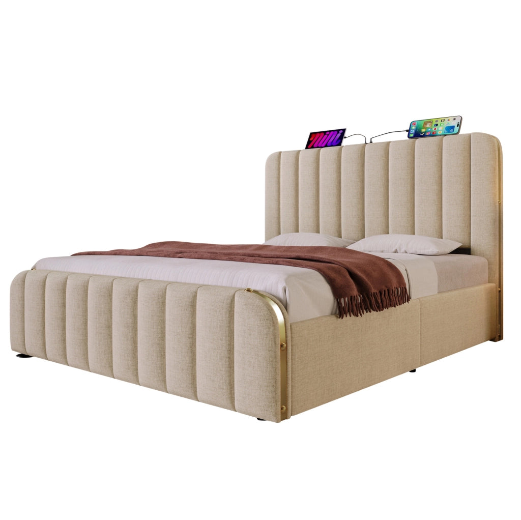 Letto matrimoniale imbottito con testiera USB e 4 cassetti, beige