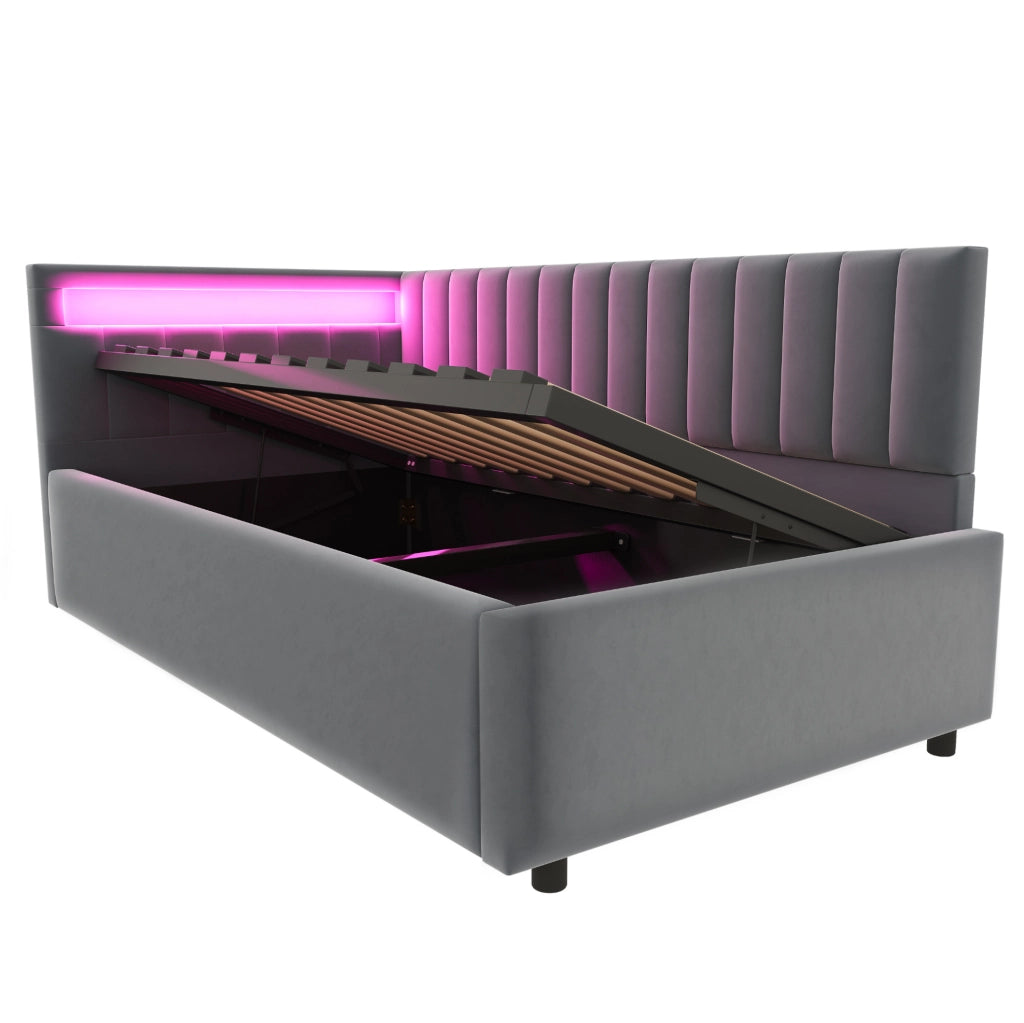 Letto divano imbottito 90x200 cm con illuminazione LED e vano contenitore idraulico, tessuto in velluto grigio, design classico a righe verticali