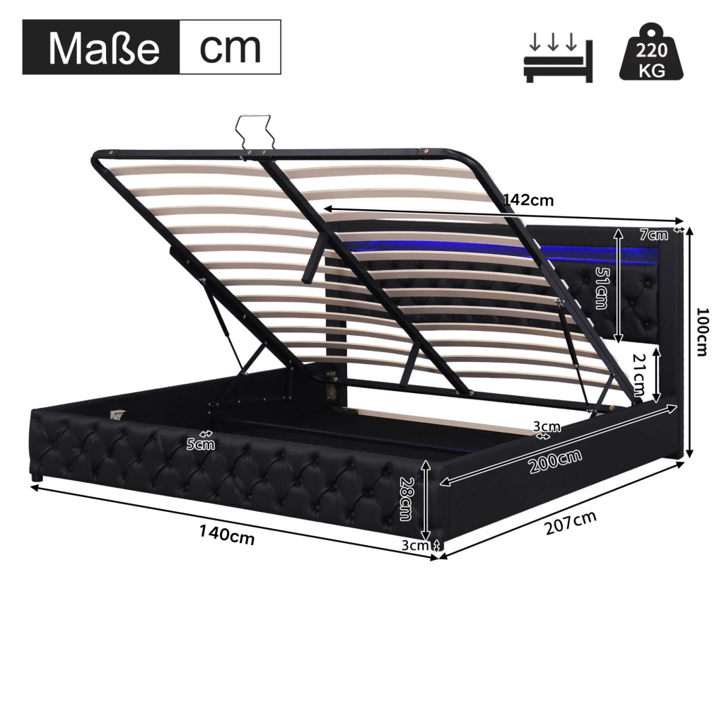 Letto imbottito 140x200 cm con contenitore e LED; in PU nero