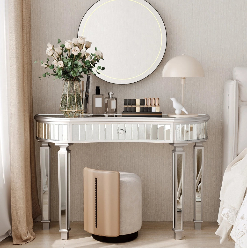 Consolle a mezzaluna con specchio 120x38x78 cm con cassetto; vetro scanalato grigio e argento HOMVRA