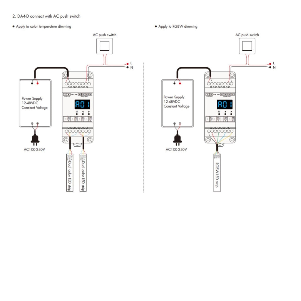 Dimmer DALI 4 Canali Guida DIN, Con Display Digitale, 4X5A@12V/24V, 4X3A@36V/48V, Dimmerabile AC Push Dim, DALI-2, PWM, 4 Indirizzi, DT6 DT8 per Strisce LED Monocolore CCT RGB RGBW