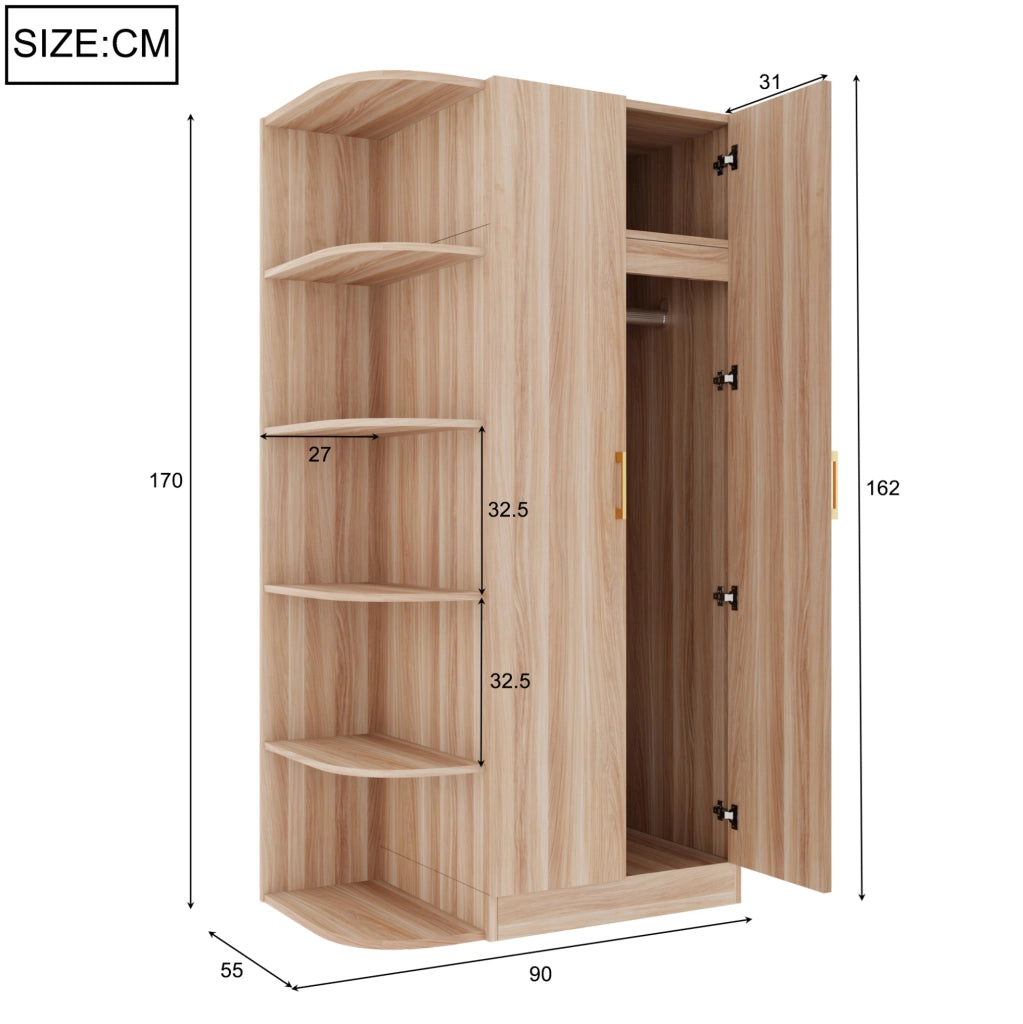 Guardaroba 90 x 55 x 170 cm con doppia anta, ripiani multipli e ampia barra appendiabiti, finitura effetto legno naturale