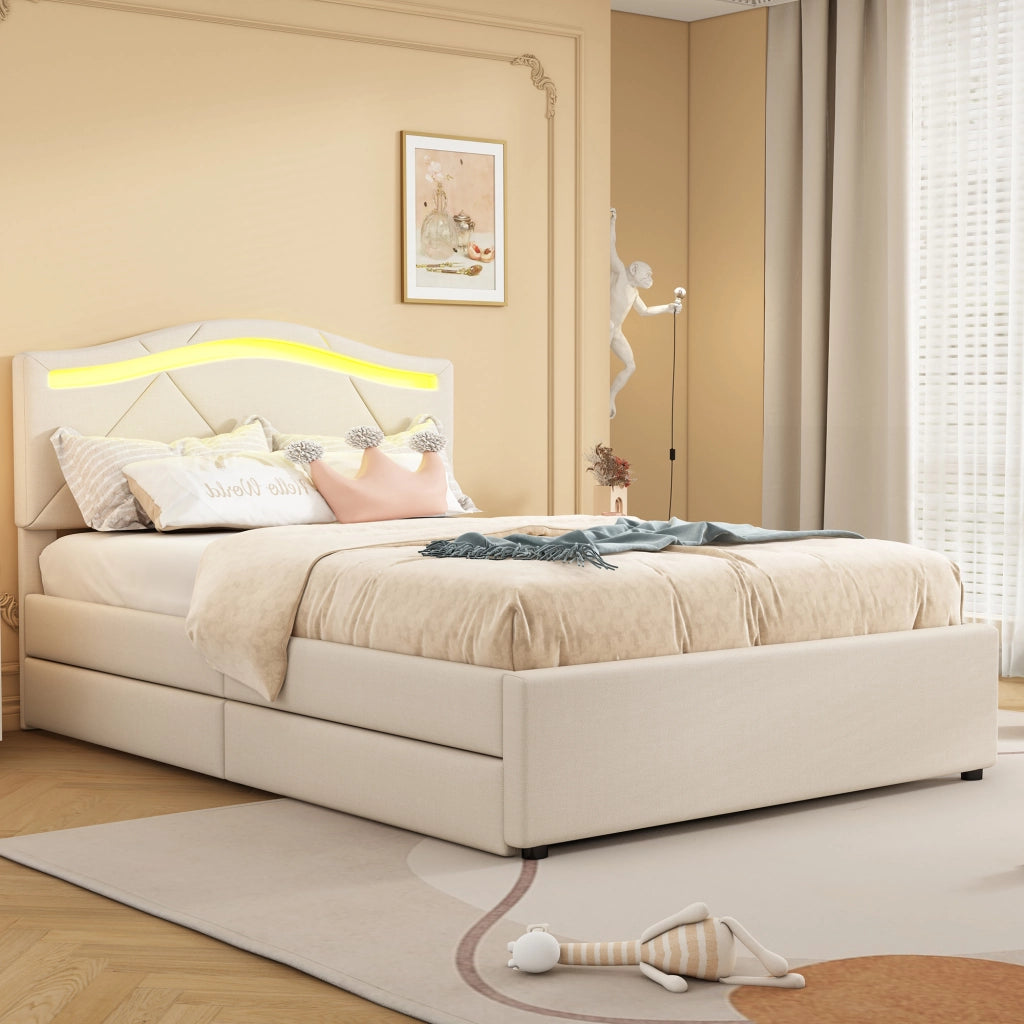 LETTO imbottito 90x200 cm con LED e 2 cassetti, lino beige