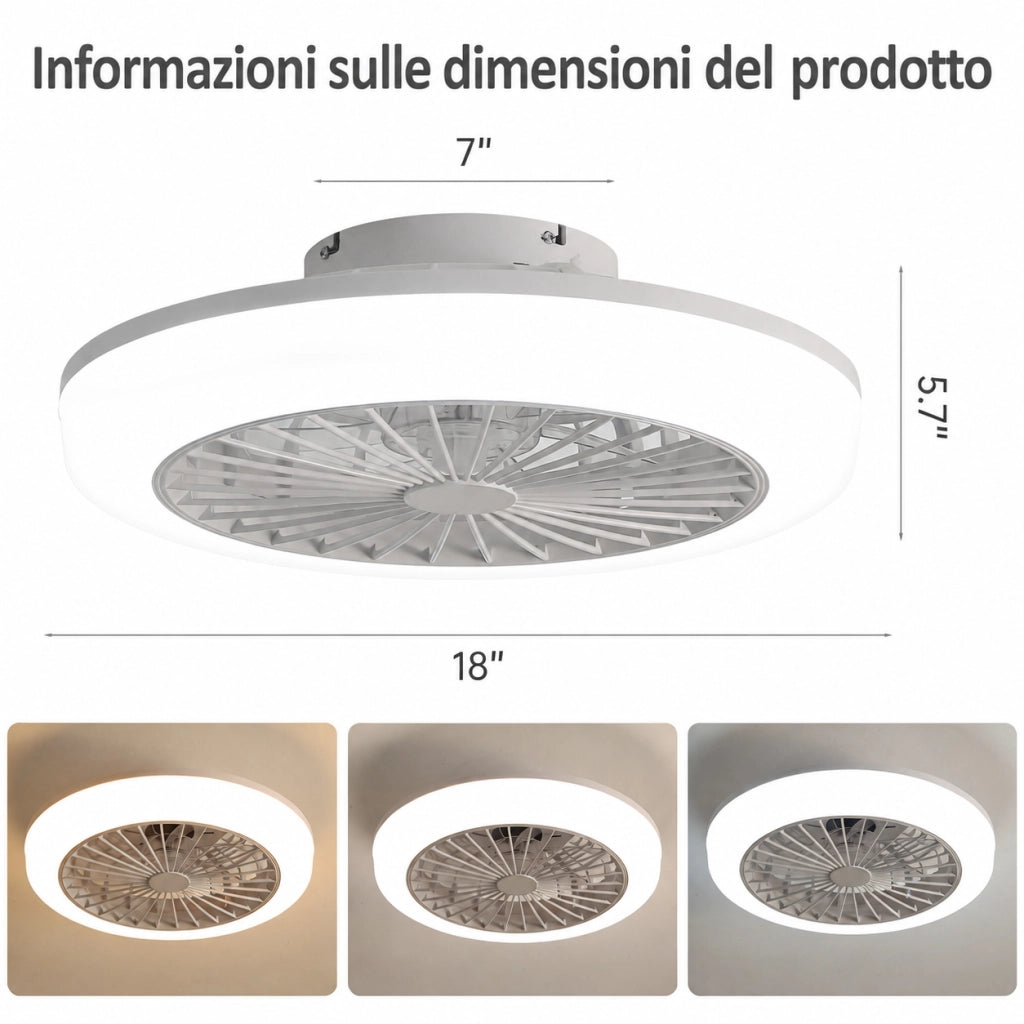 Ventilatore da soffitto con luce e telecomando da 46 cm a basso profilo; ABS trasparente; bianco