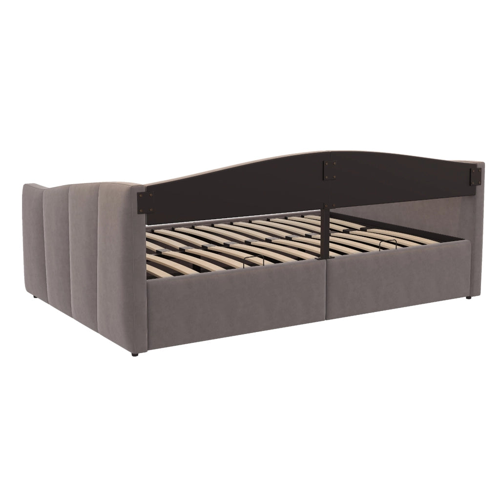 Divano letto matrimoniale 140x200 cm con contenitore; velluto grigio e rete a doghe