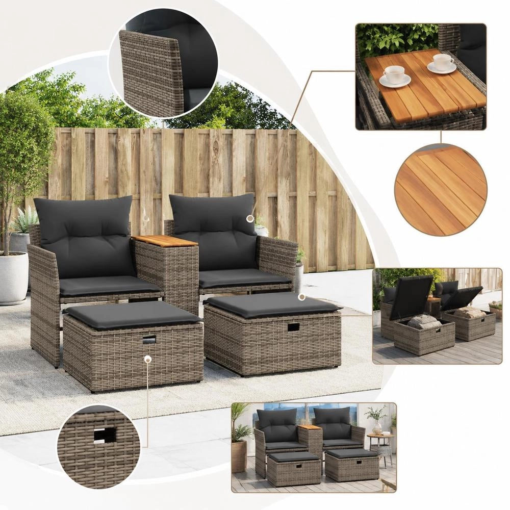 2-seater Garden Sofa With Stools, Grey Poly Rattan
