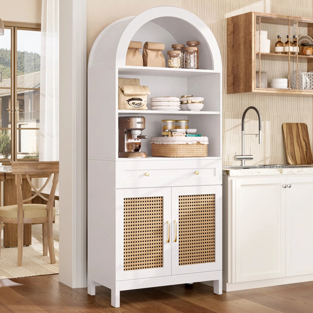Vetrina moderna ad arco 70x40x170 cm, bianco e legno, ante in rattan, 3 vani espositivi, 2 ante, 1 cassetto, per soggiorno e ingresso